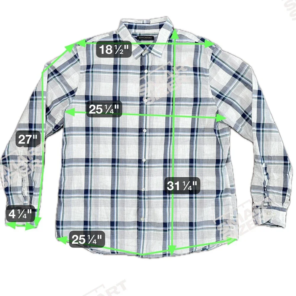 Banana Republic Untucked Shirt Mens XL Tall Blue Green Plaid Standard Fit Casual